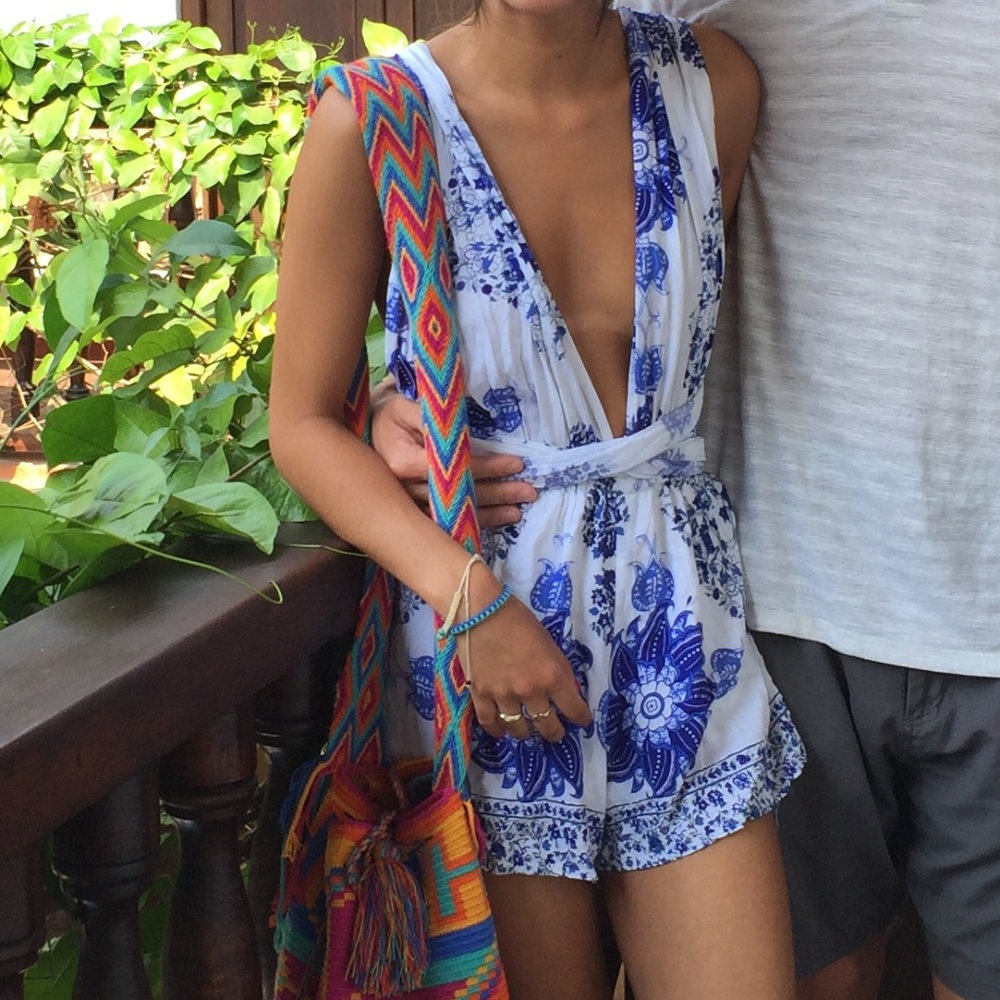 LF Blue and White Floral Wrap Romper